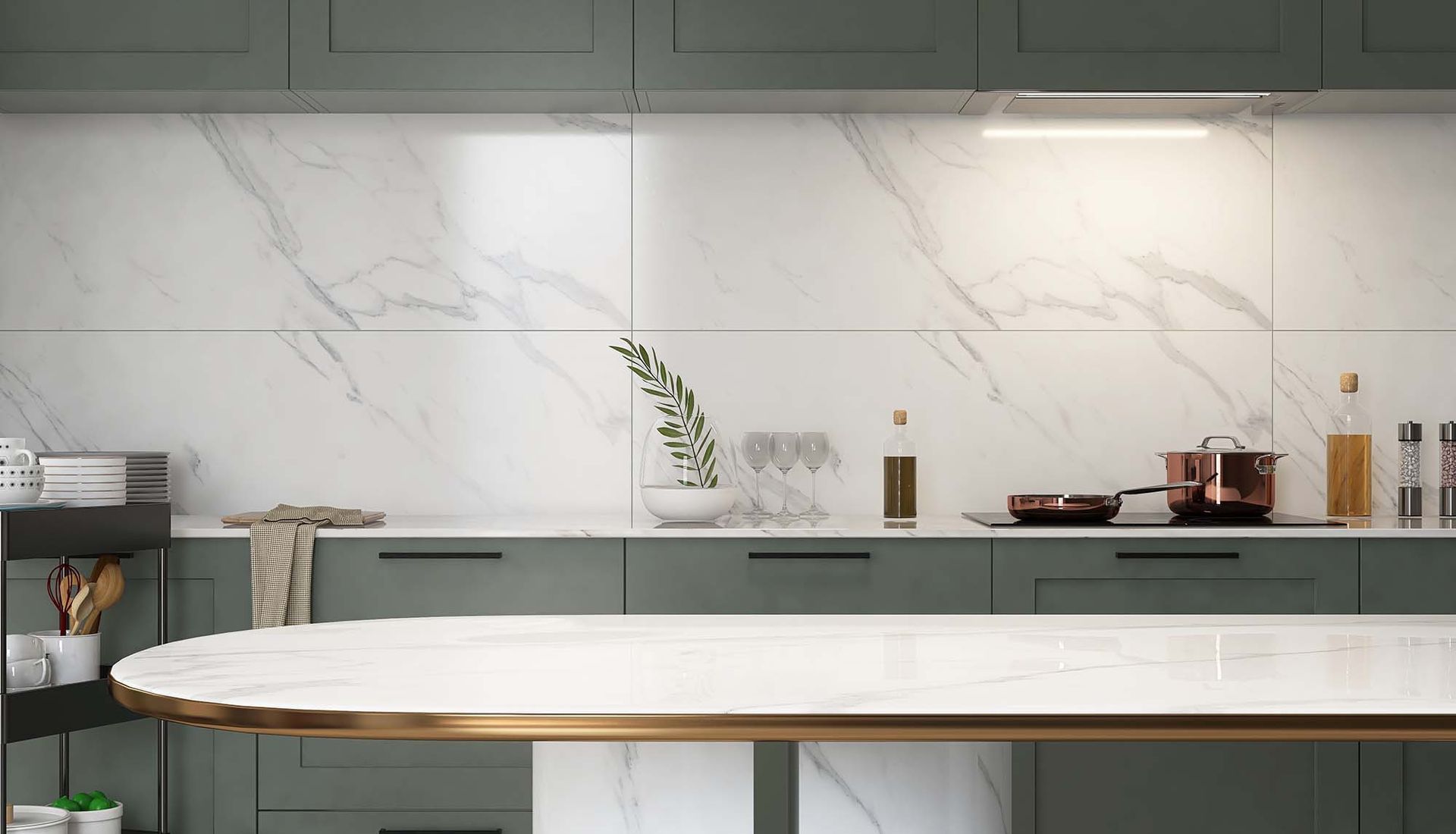 Modern kitchen with white marble backsplash, wood island, and countertop decor including plants and cookware