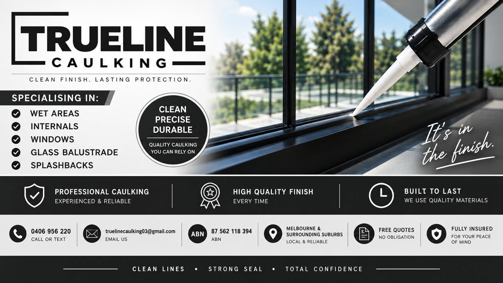 TrueLine Lumber promo banner with pole saw cutting a tree branch and product feature icons.