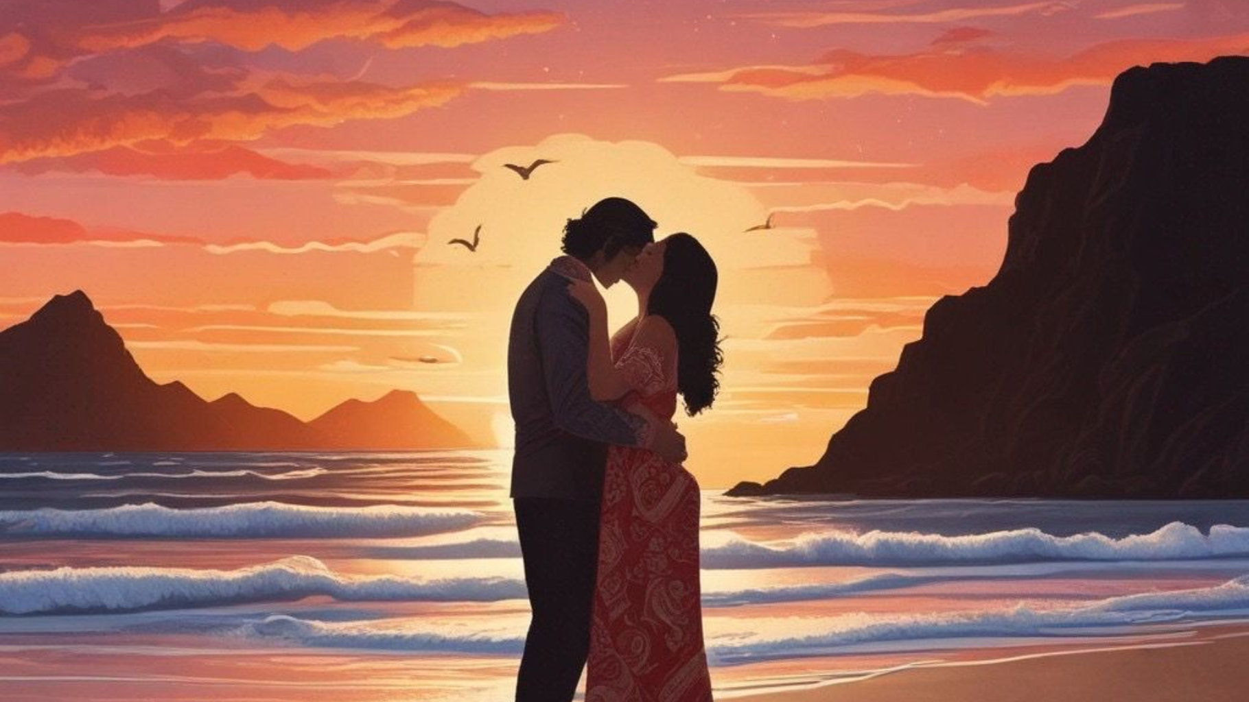 Silhouetted couple embracing on a beach at sunset, with orange sky and ocean waves.