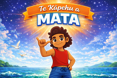 Animated child pointing under a bright sunset sky with ocean and island; text reads “Te Kāpēhu a MATA”
