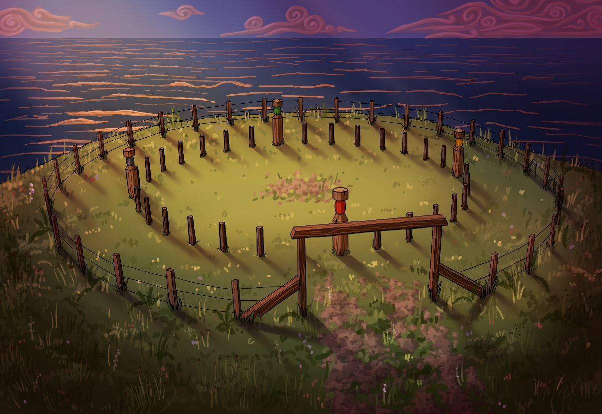 A sunset-lit circular field with many standing figures around the edge and a red gate in the foreground.