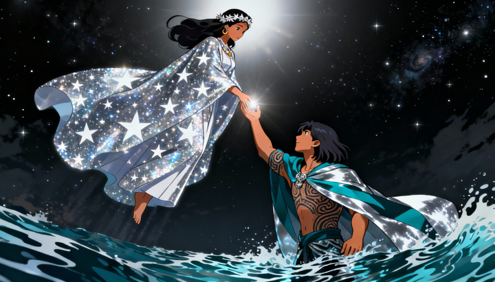 Two figures in starry capes reach for each other across stormy ocean waves at night