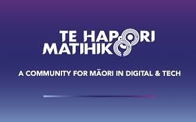 Te Hāpori Matihiko logo on purple background with “A community for Māori digital & tech” text