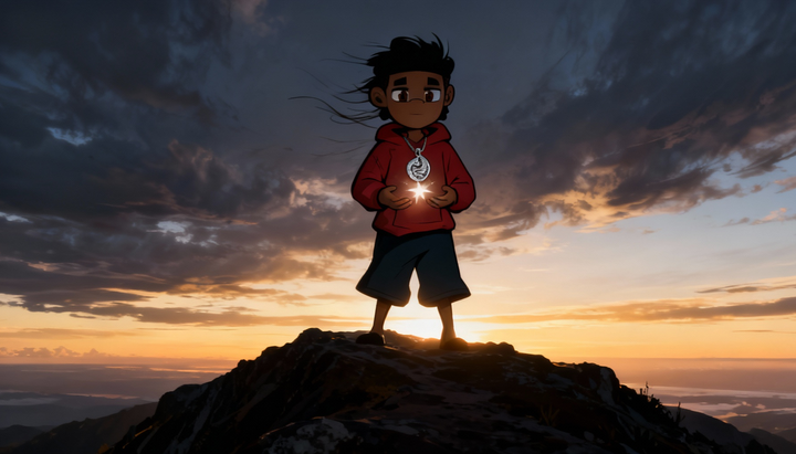 Silhouetted child standing on a rocky peak at sunset, holding a glowing light under a dramatic sky