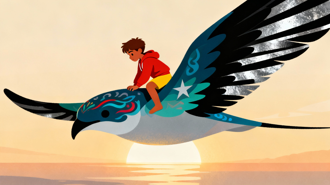 Child riding a blue winged bird above the sea at sunset