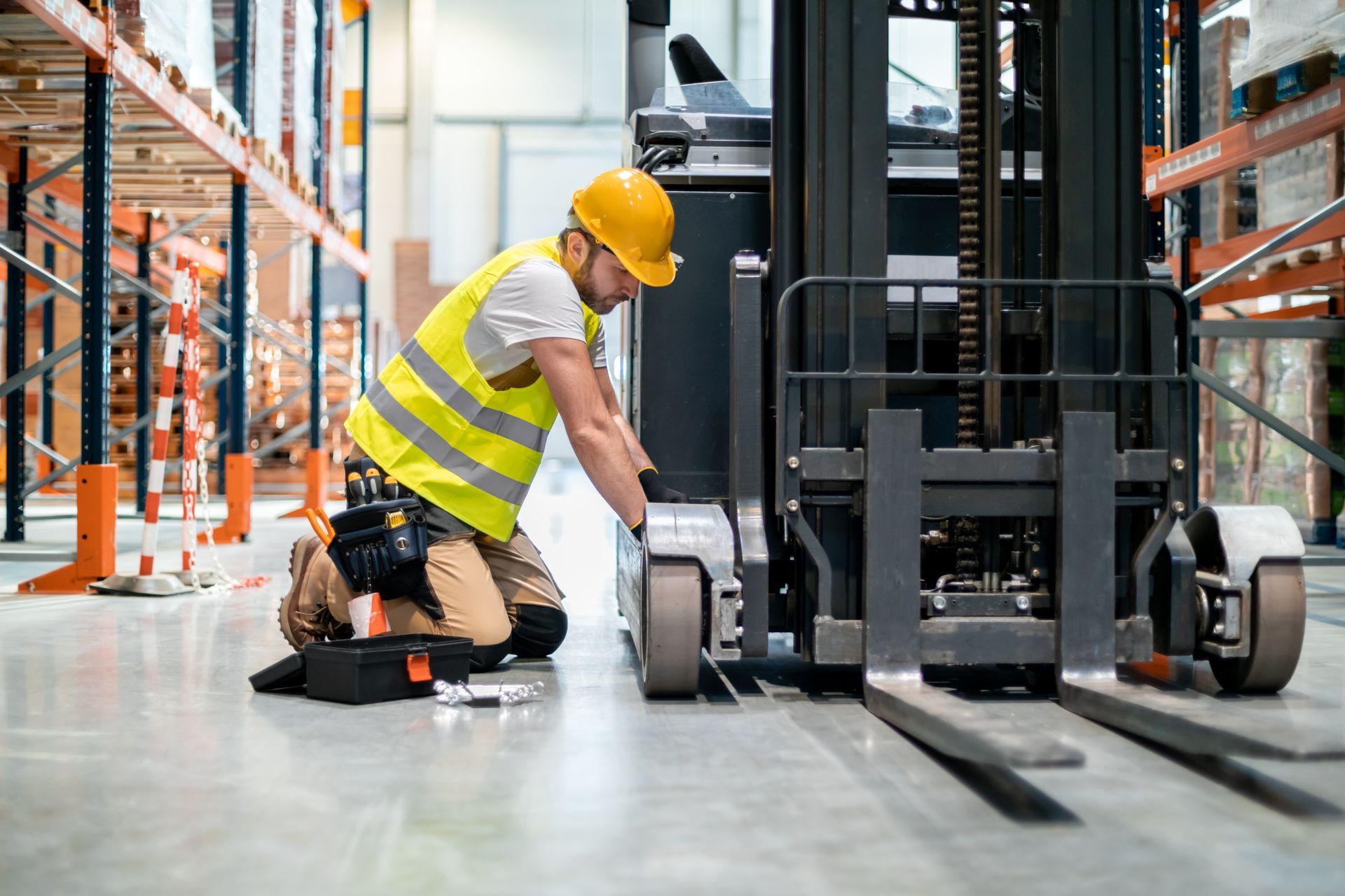Warehouse worker in safety vest and hard hat repairing forklift on warehouse floor. Warehouse worker in safety vest and hard hat repairing forklift on warehouse floor.
