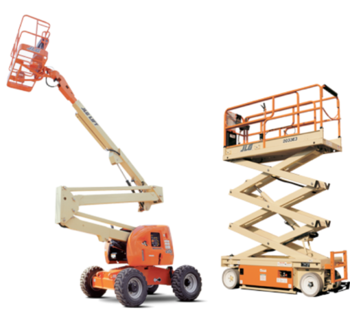Two orange scissor lifts on white background, one extended, one folded with boom arm raised.