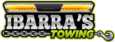 Logo for Ibarra's Towing with a chain, hook, and flashing lights.