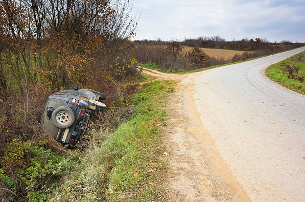 Car rolled over in ditch beside a rural road.