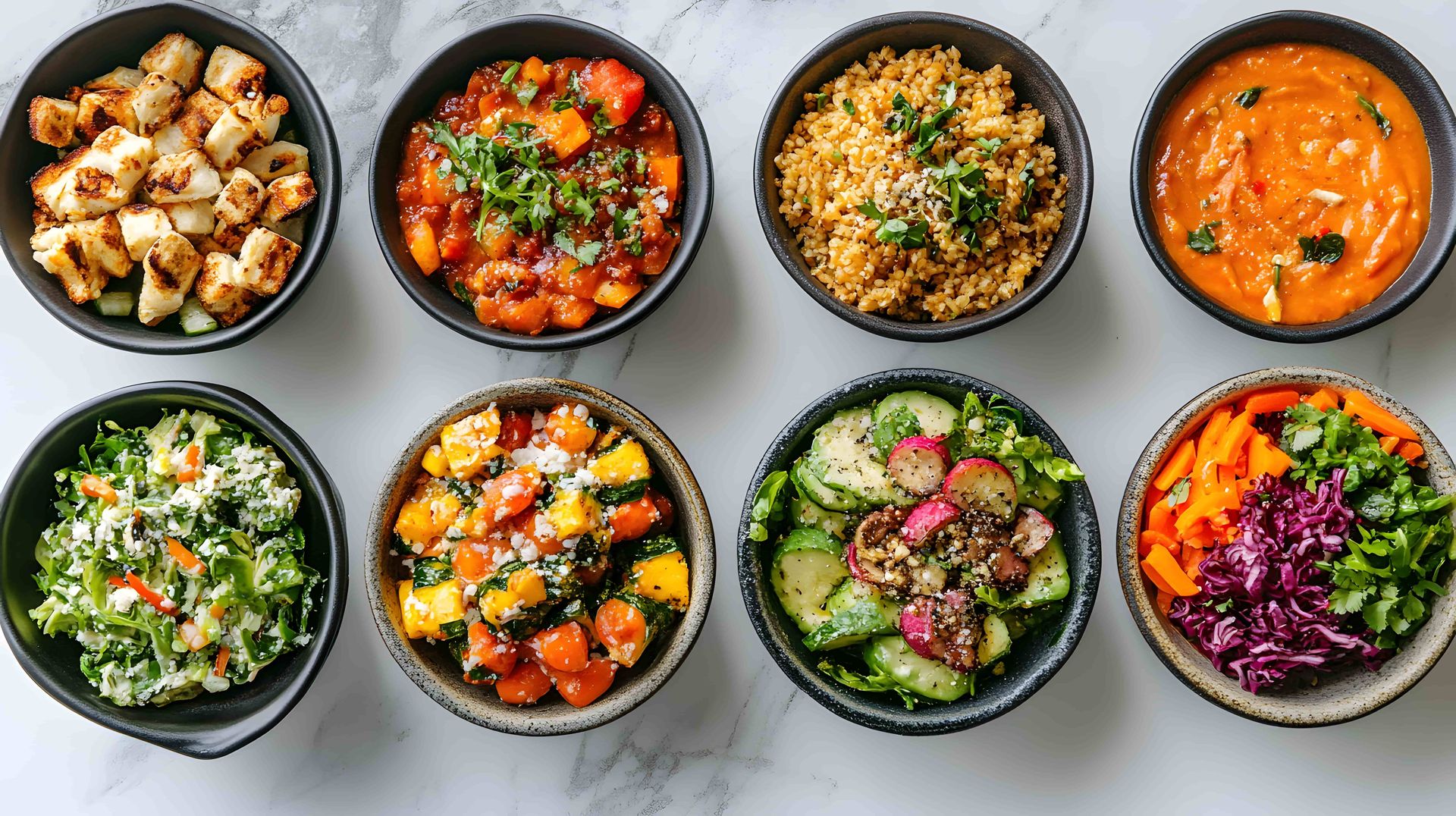 Eight bowls of colorful food, including grains, vegetables, and sauce.