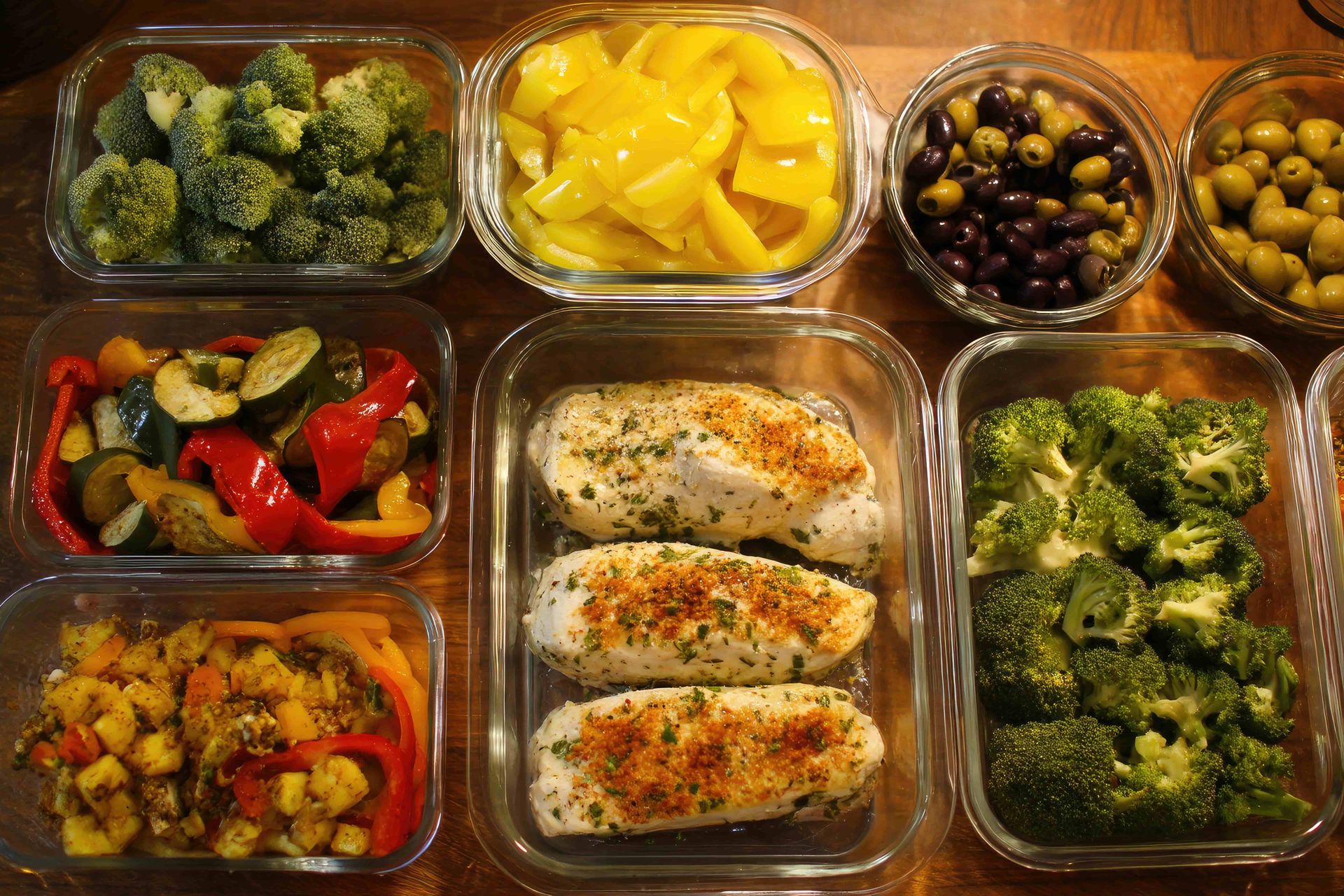 Meal-prepped food containers with broccoli, peppers, zucchini, olives, and seasoned chicken breasts on a wooden surface.