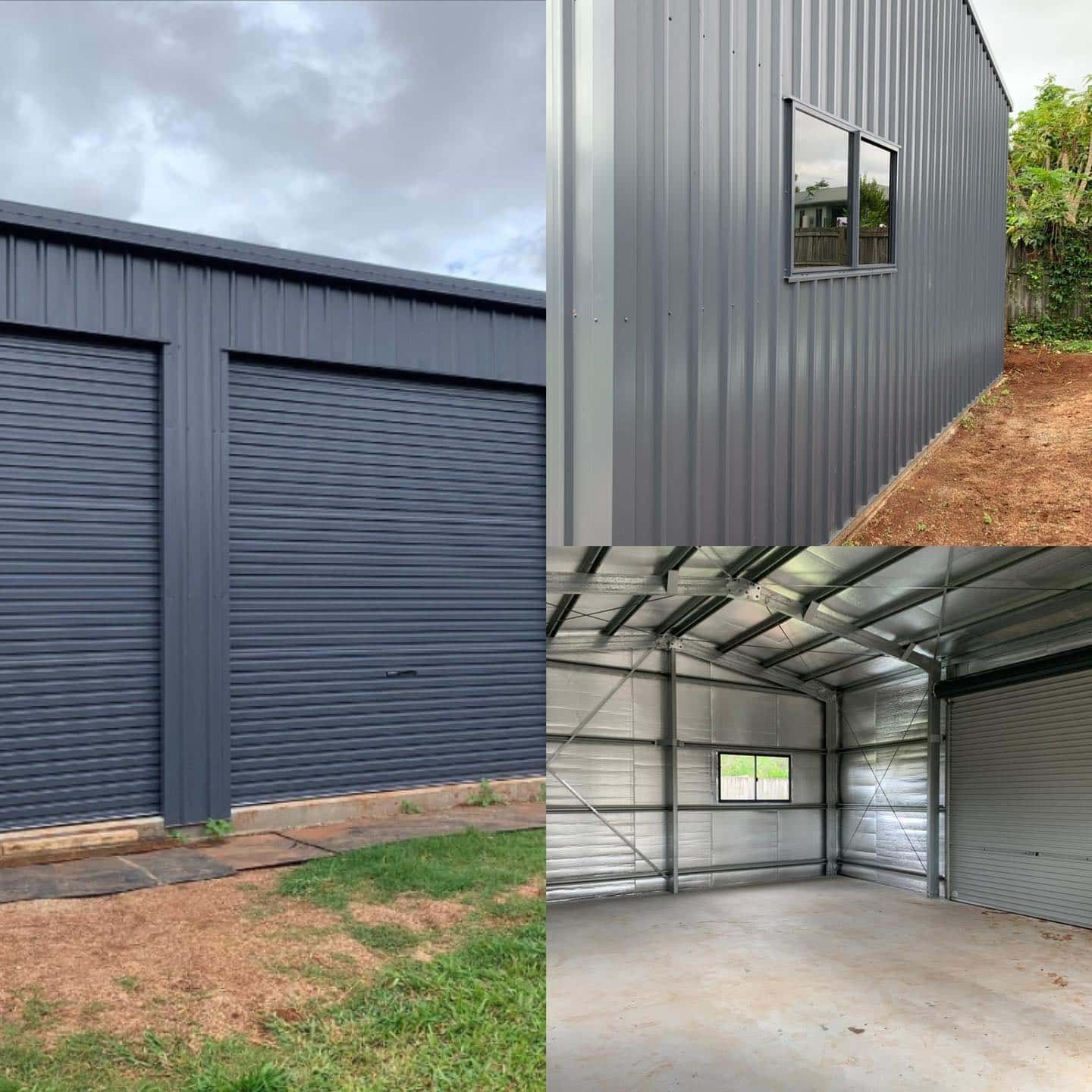 Steel Garage, Gray Exterior, With Roller Doors, a Window, and Interior View — ShedBoss in Atherton, QLD