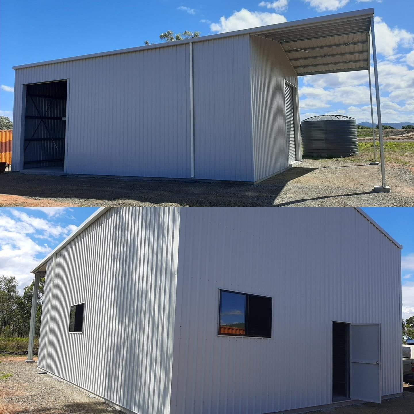 Two-panel View of a Light Grey Steel Shed With Attached Awning — ShedBoss in Yungaburra, QLD 
