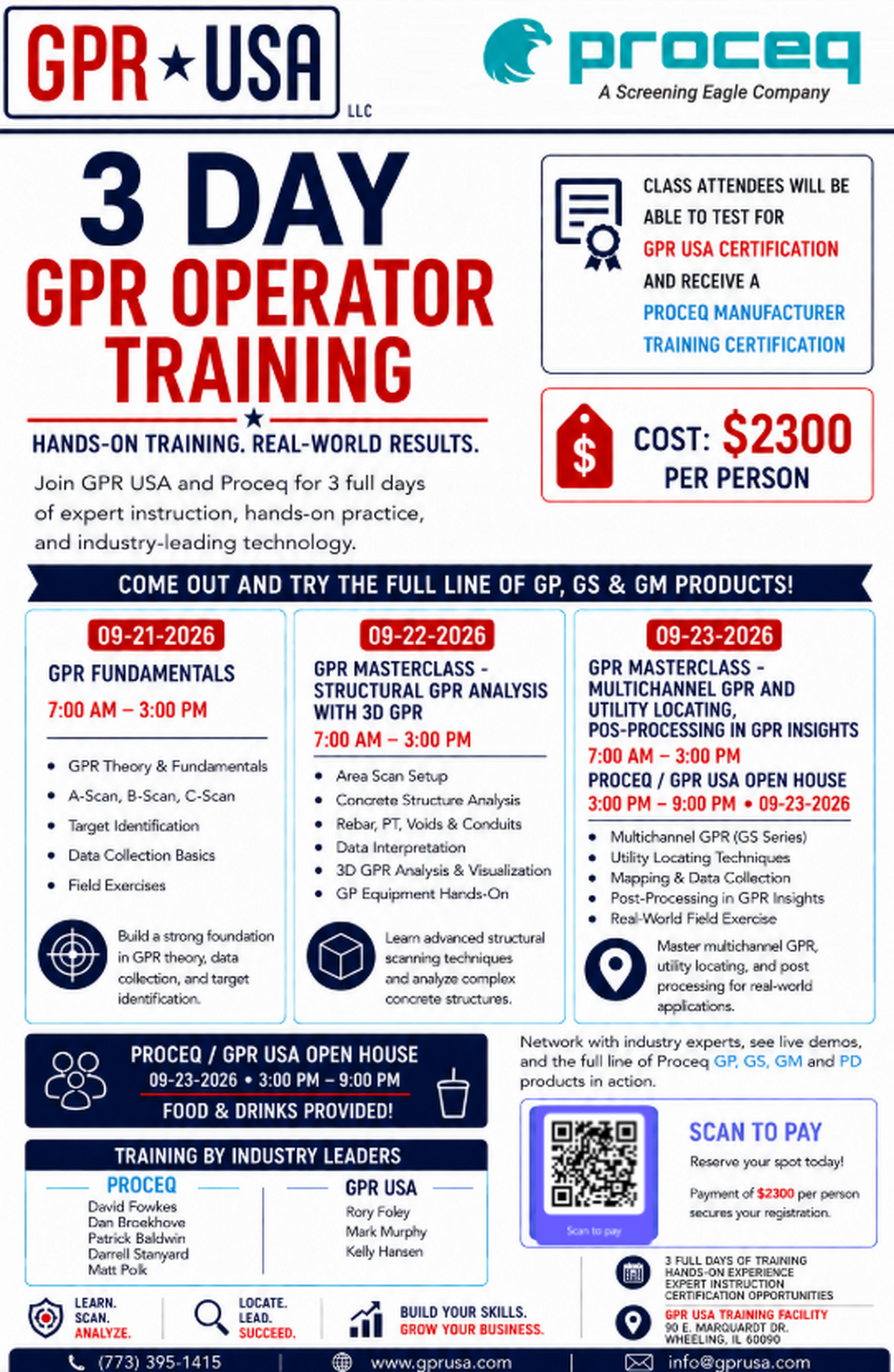 Flyer for GPR USA and Proceq 3-day GPR operator training with dates, locations, prices, and QR code