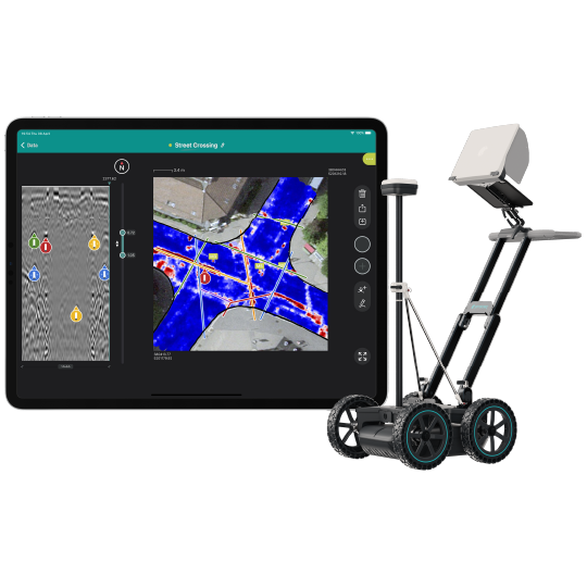 Tablet displaying underground utility map with a GPR cart.