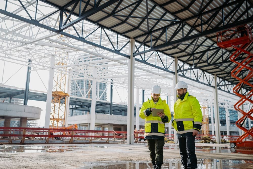 Two construction workers in neon jackets and hard hats walking through a large building site