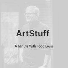 A black and white photo of a man with glasses and the words artstuff a minute with todd levin.