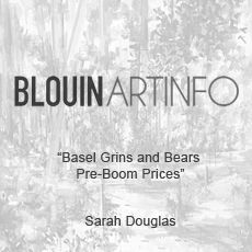 A black and white photo of a forest with the words `` basel grins and bears pre-boom prices '' by sarah douglas.