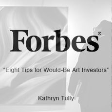 The forbes logo is black and white and says `` eight tips for would-be art investors ''.