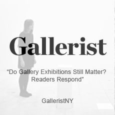 A black and white photo of a woman standing next to the words `` do gallery exhibitions still matter ? readers respond ''.