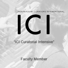 A black and white poster for independent curators international ici curatorial intensive faculty member.
