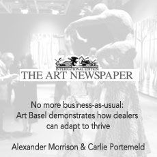 The Art Newspaper cover: “No more business-as-usual” about Art Basel, with abstract art and white text on gray.