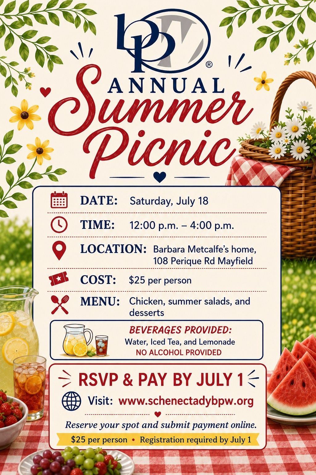 Annual Summer Picnic flyer with event details, food illustrations, and RSVP by July 1 notice