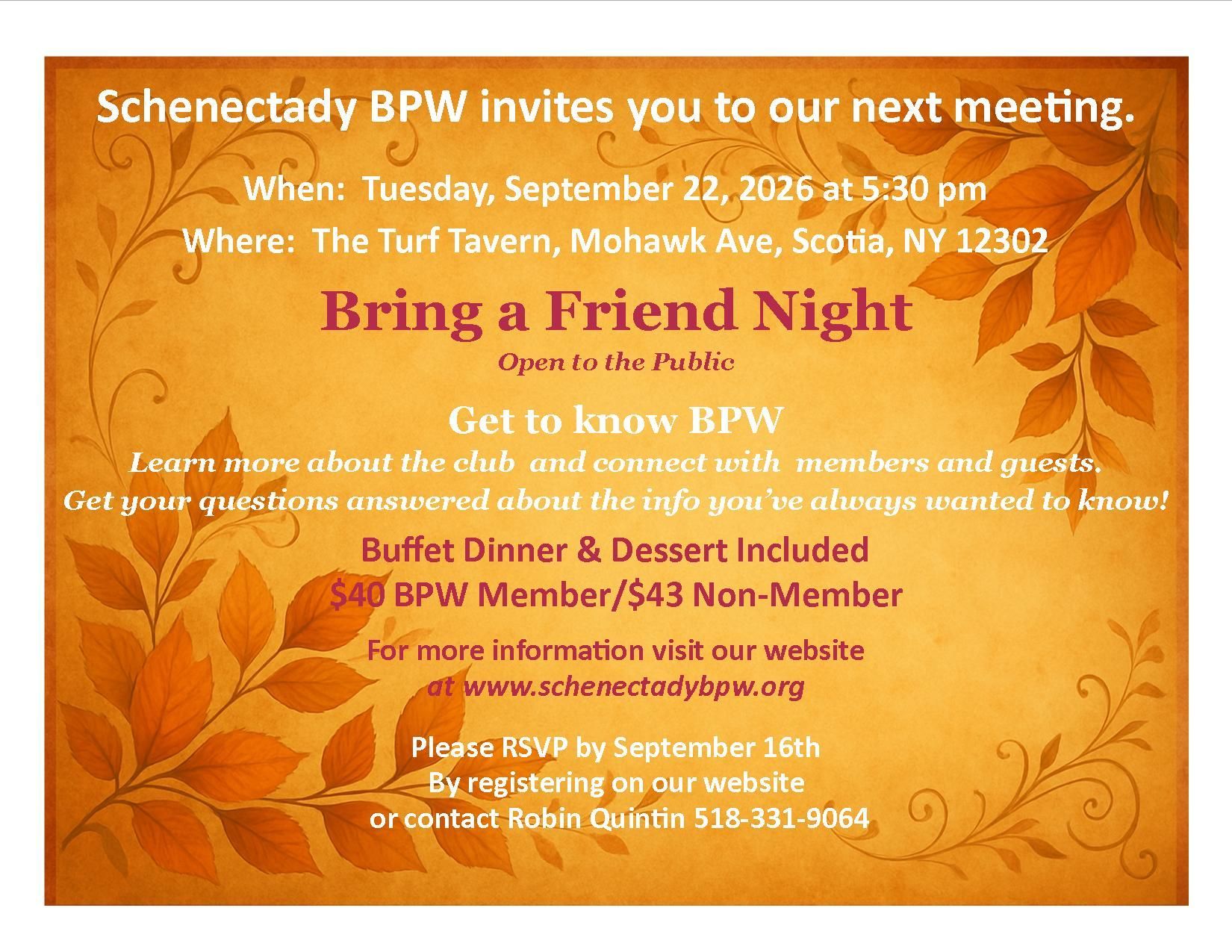 Announcement for a Schenectady BPW Scholarship Award Banquet on June 23, 2026, at The Turf Tavern in Scotia, NY.
