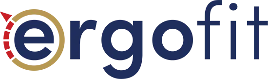 Ergofit logo with blue and gold stylized &ldquo;e&rdquo; and navy &ldquo;rgofit&rdquo; text