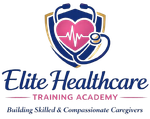 Elite Healthcare Training Academy logo with a blue stethoscope around a pink heart and heartbeat line