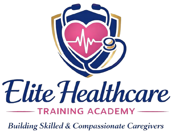 Elite Healthcare Training Academy logo with a blue stethoscope around a pink heart and heartbeat line
