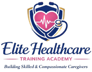 Elite Healthcare Training Academy logo with a blue stethoscope around a pink heart and heartbeat line