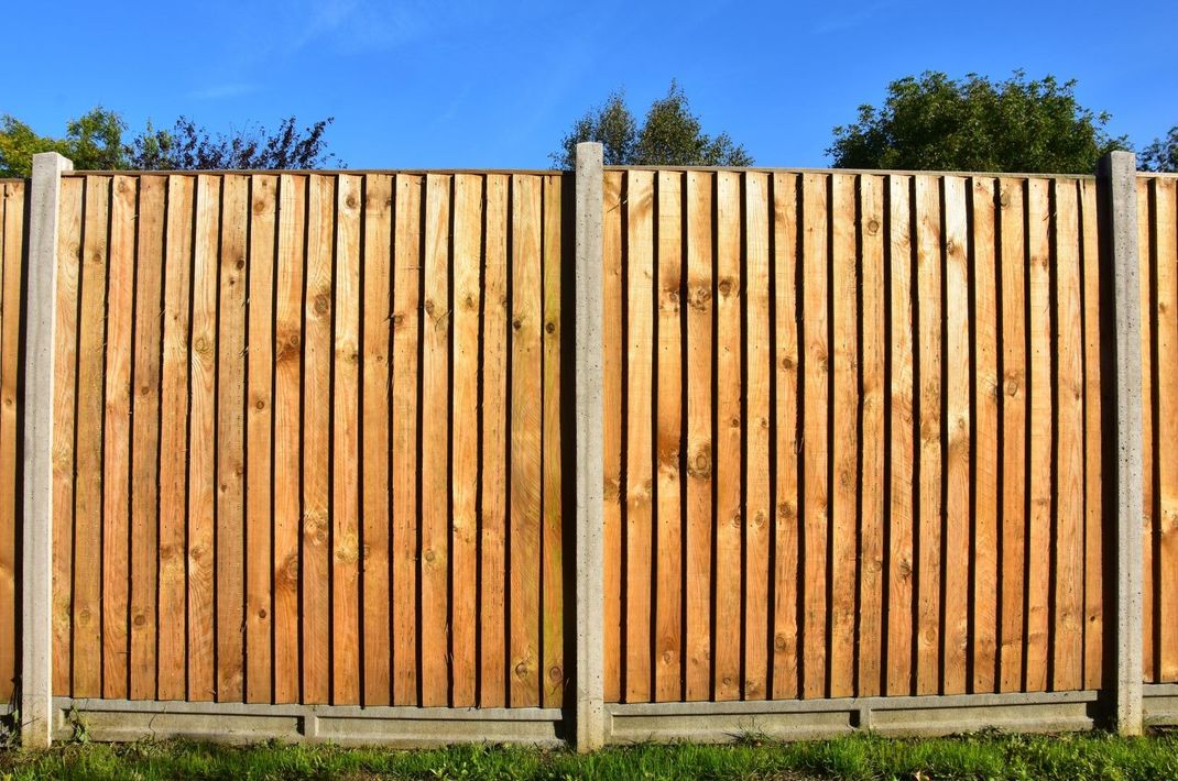 Wooden fence with vertical planks against a blue sky and green grass.
