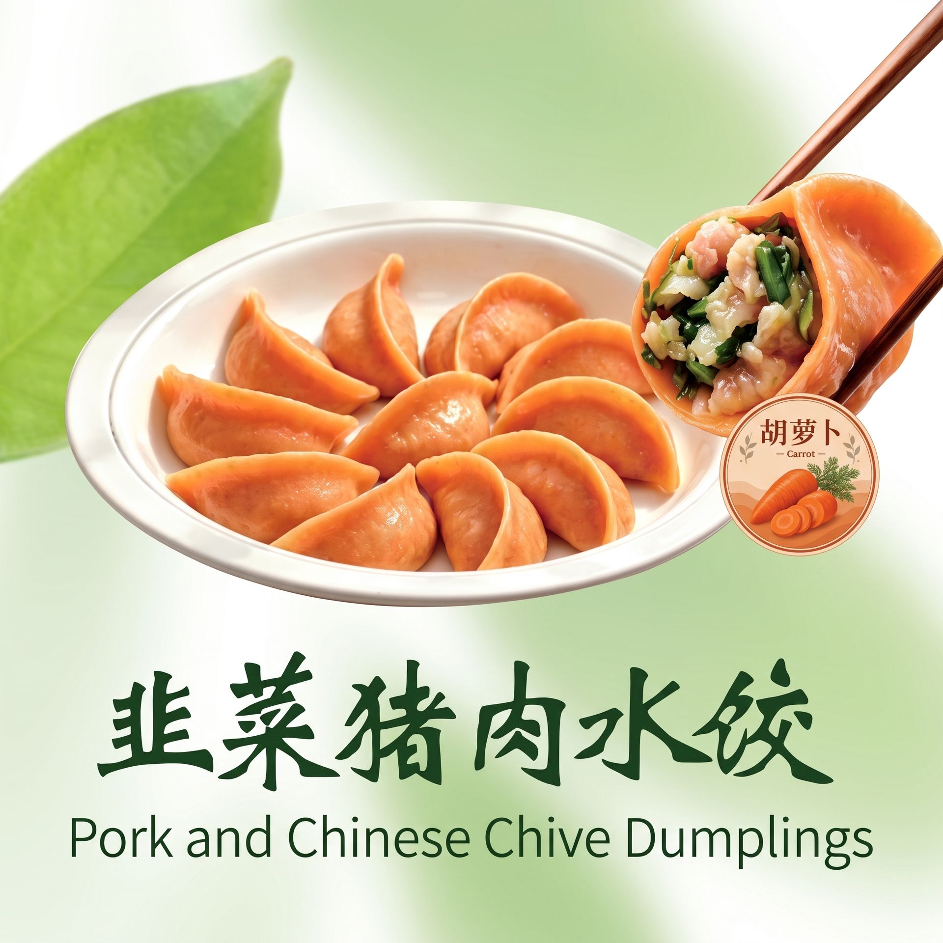 Plate of orange pork and chive dumplings with chopsticks, green leaf background, labeled in Chinese and English.