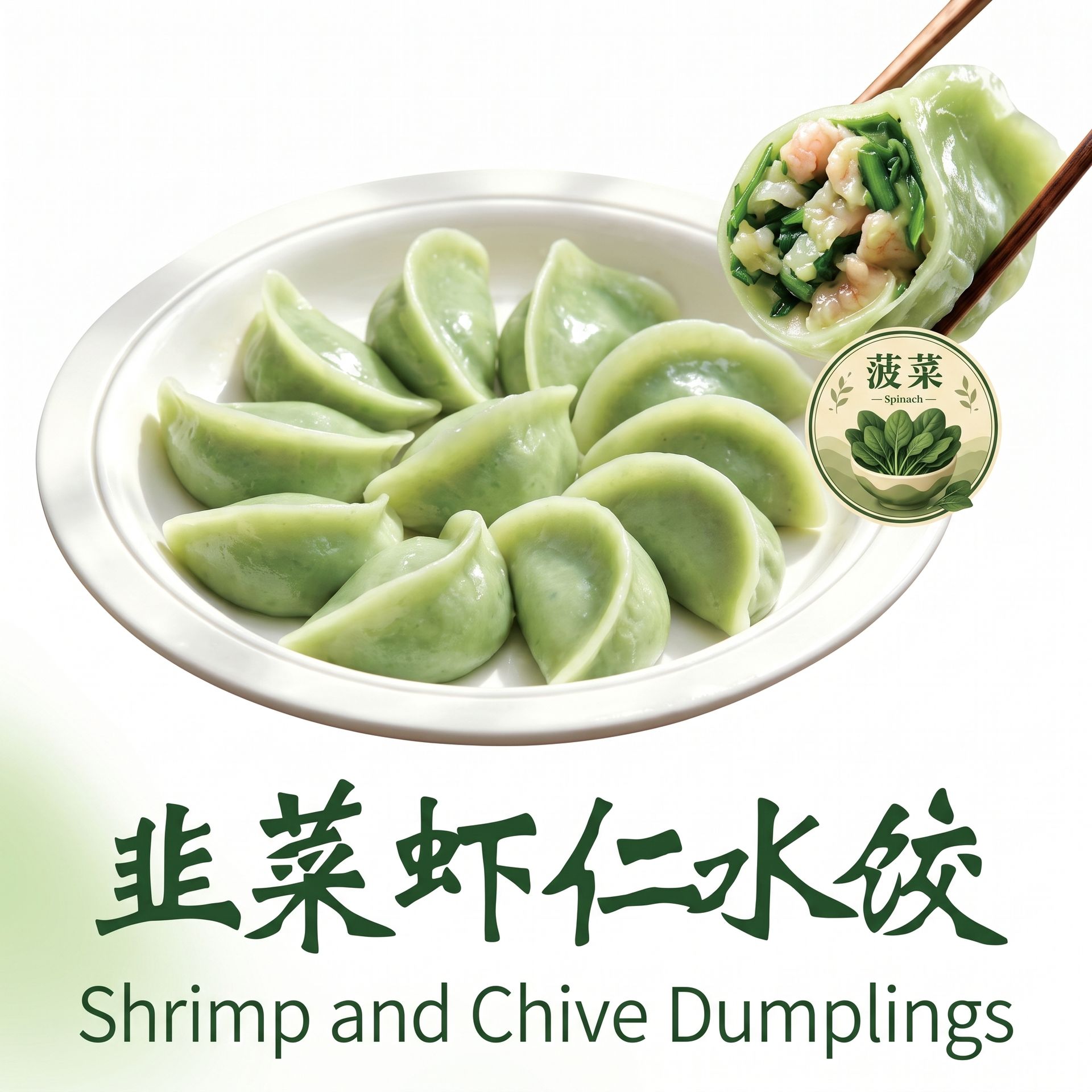 Plate of green shrimp and chive dumplings with a bite showing the filling, labeled in Chinese and English.