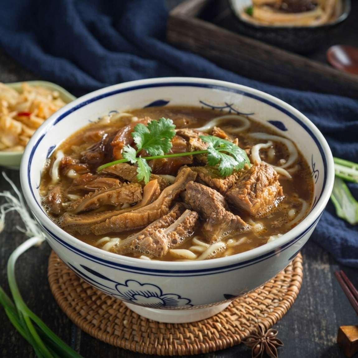 Bowl of noodle soup with sliced beef and cilantro on a woven coaster, on a dark table