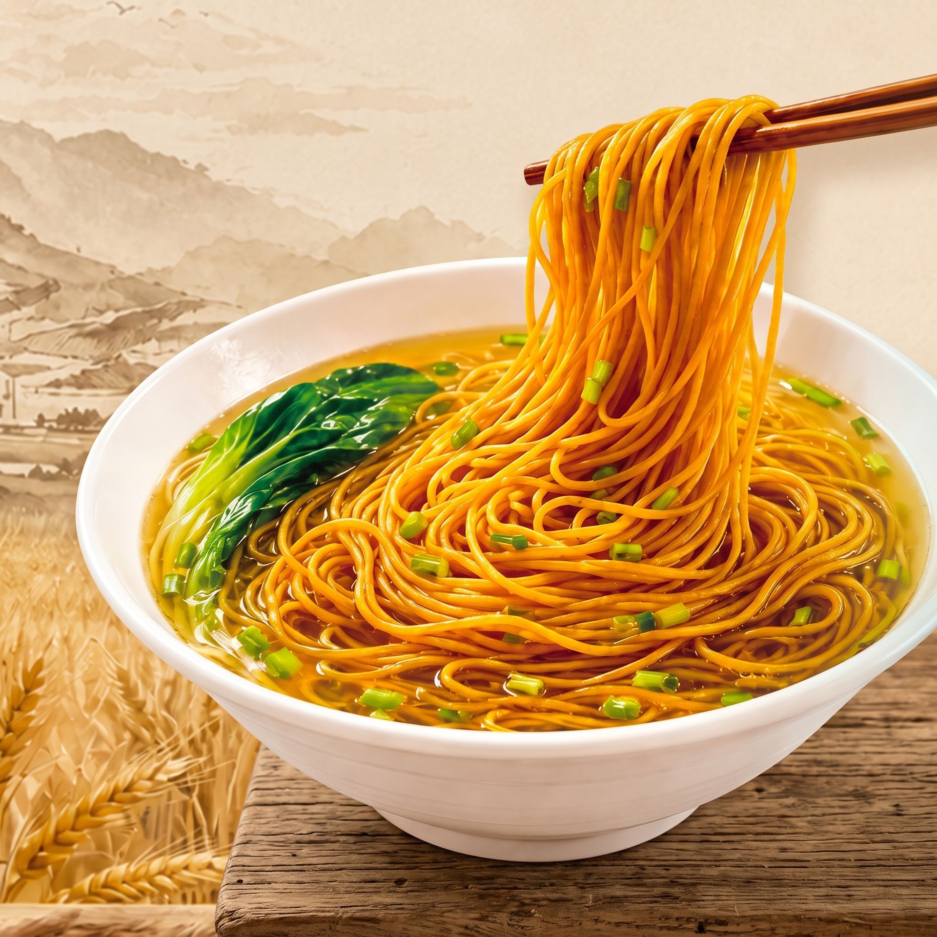 White bowl of golden noodles with greens, lifted by chopsticks against a wheat field backdrop