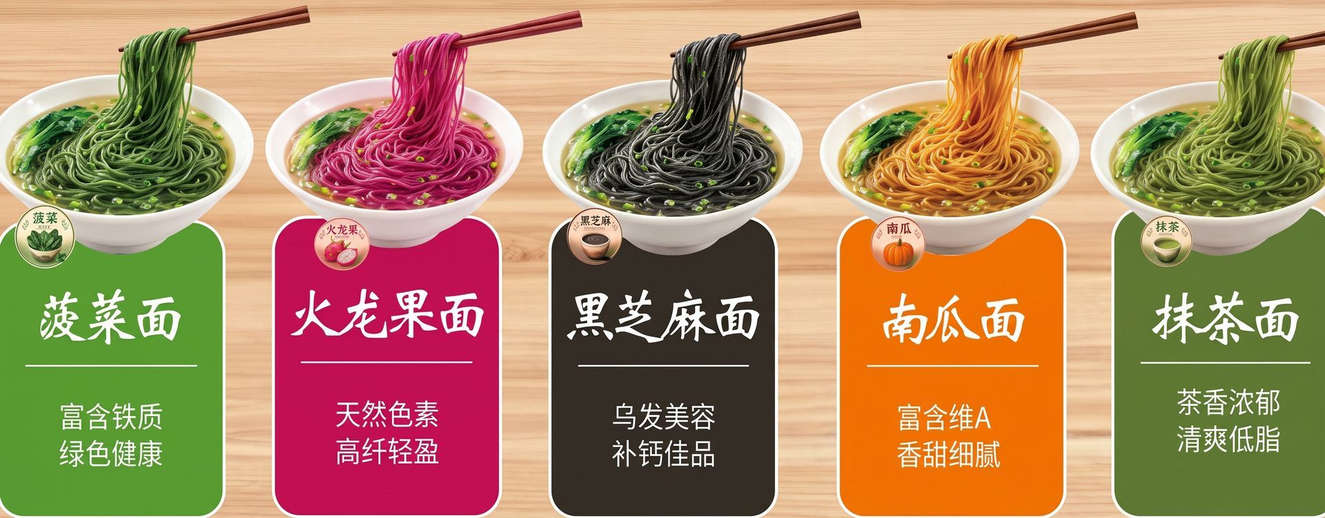 五个彩色杯装冰淇淋口味展示：抹茶、火龙果西米、黑芝麻、乌龙面、抹茶红豆
