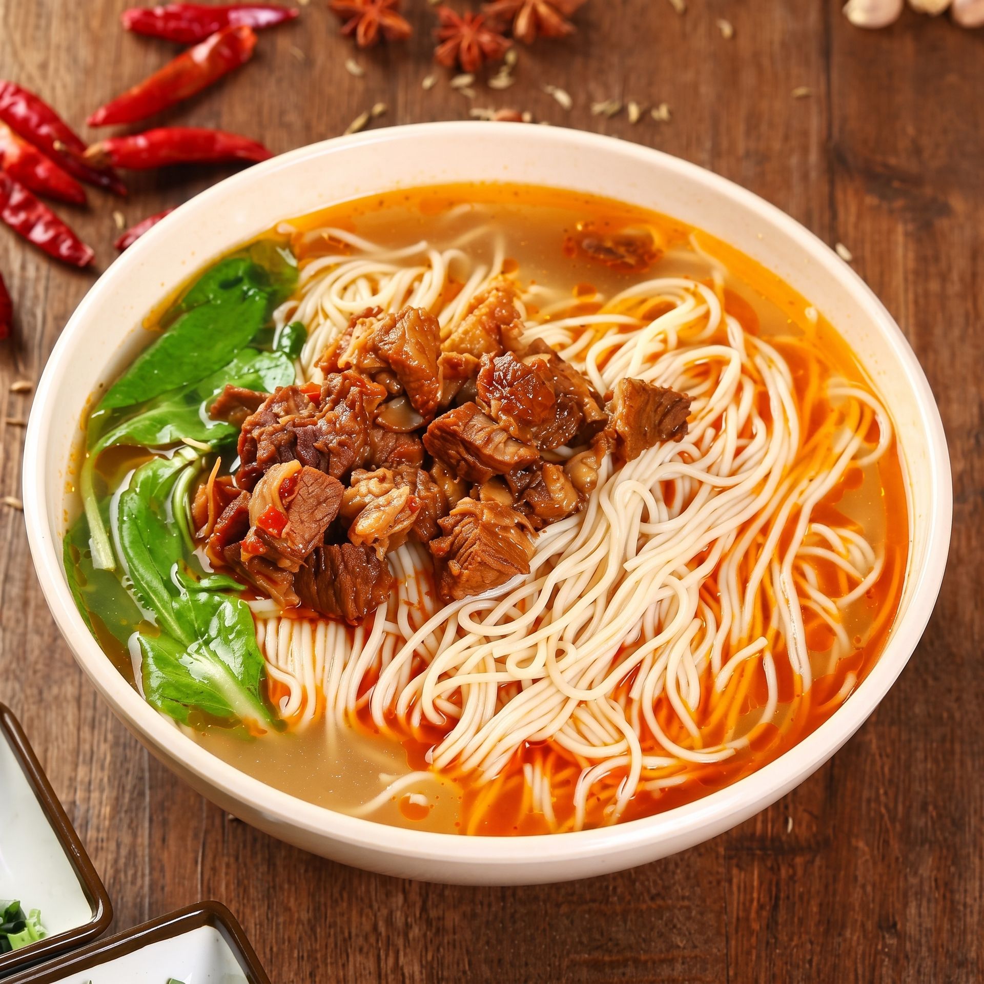 Bowl of noodle soup with red broth, leafy greens, and chopped meat on a wooden table