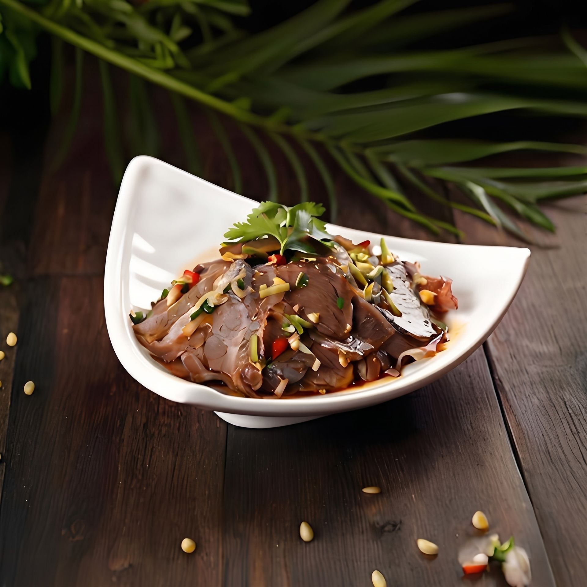 Gourmet meat dish with herbs and spices served in a white bowl on a dark wooden table