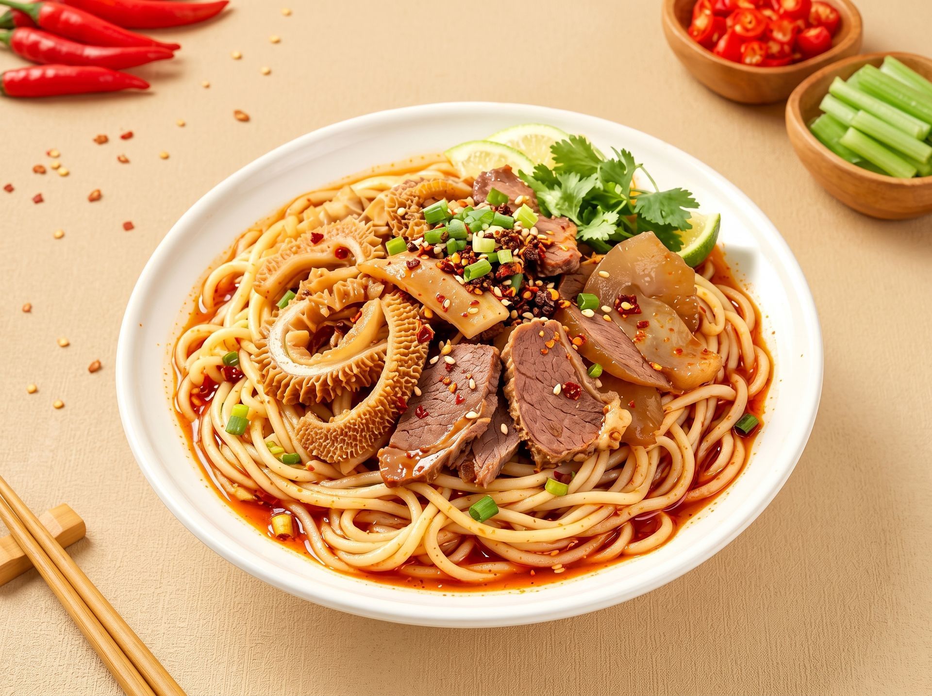 Bowl of spicy noodles topped with sliced meat and herbs, with chili peppers and vegetables nearby