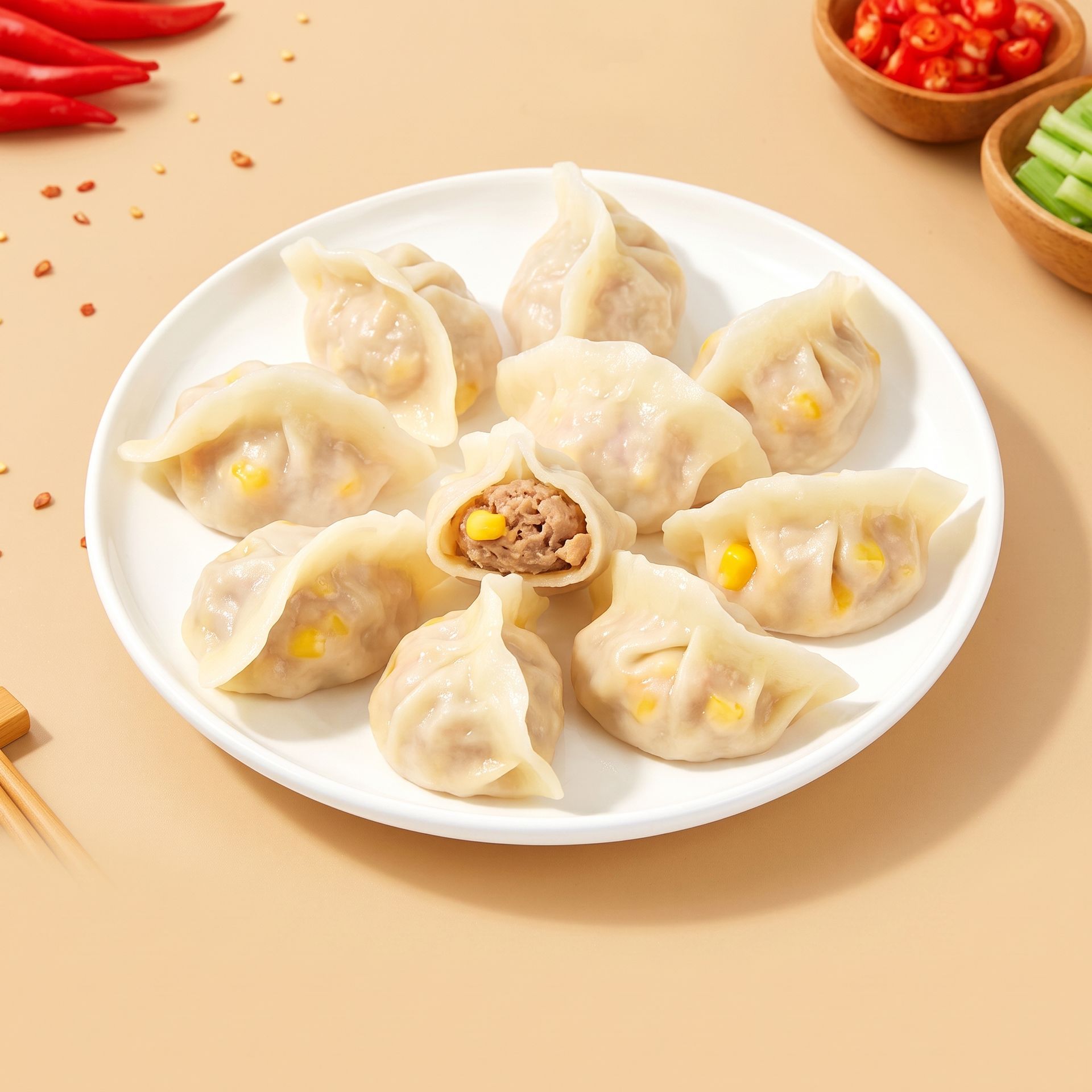 Plate of steamed dumplings on a beige table, with one dumpling cut open to show filling