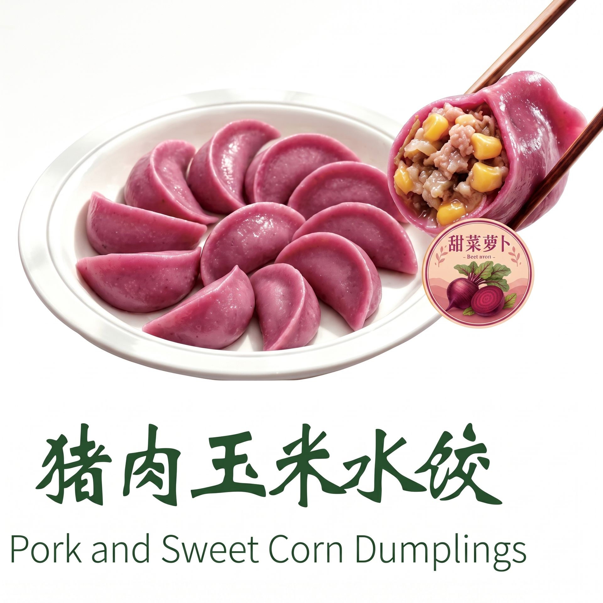 Plate of pink pork and sweet corn dumplings with one cut open to show filling, labeled in Chinese and English.