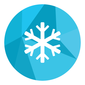 A snowflake is in a blue circle on a white background.