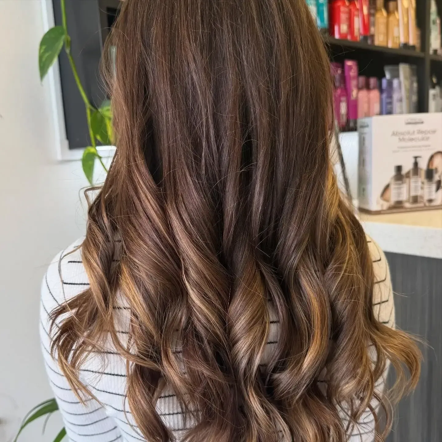 Back view of long wavy brown hair with soft highlights in a salon setting