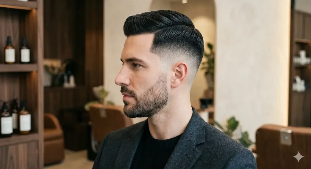 Profile view of a man with a short fade haircut in a modern salon, with shelves of products behind him