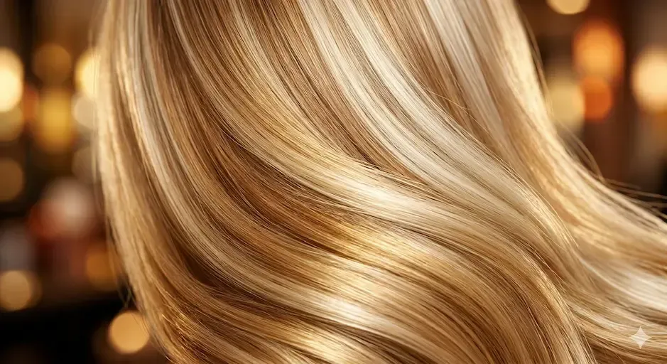 Close-up of long, wavy blonde hair with warm highlights against a blurred golden background