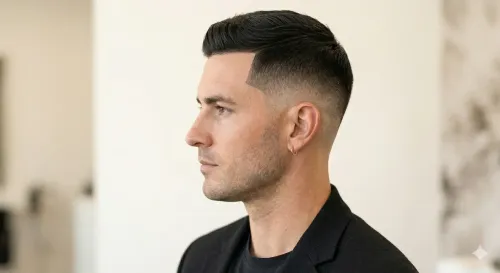 Profile view of a man with short dark hair in a black jacket against a blurred indoor background