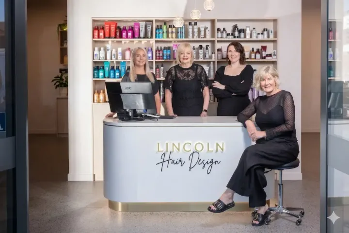 Four salon staff stand and sit behind a counter in a hair salon with product shelves in the background.