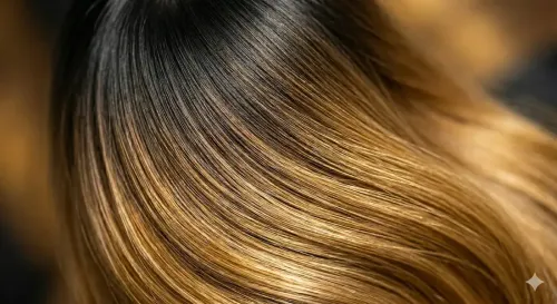 Close-up of dark-to-golden ombré hair with smooth, glossy waves